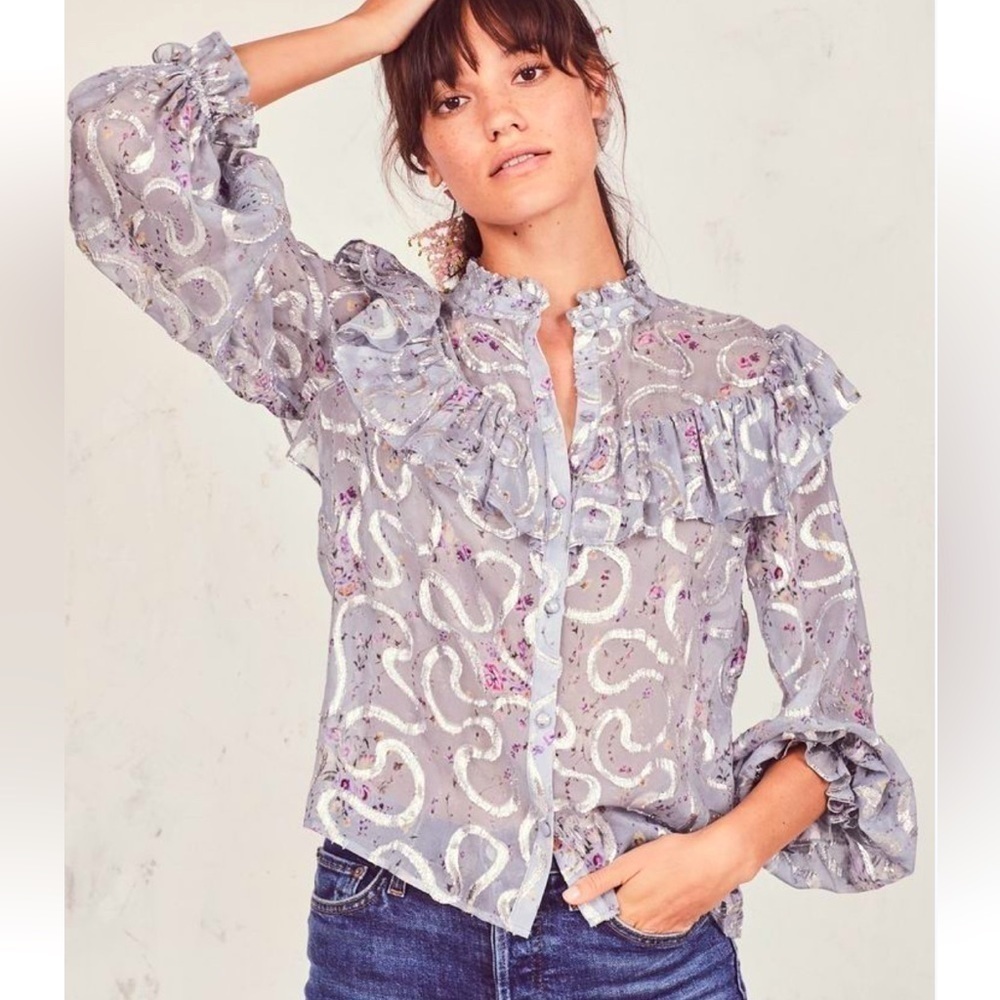 LOVESHACKFANCY Alyssa sheer silk & silver metallic ruffle feminine top small - Picture 1 of 9